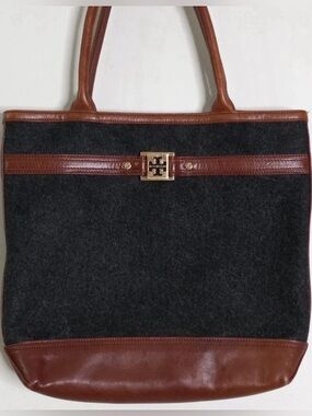 Tory Burch Ambrose Charcoal Gray Wool Brown Leather Trim Tote Shoulder Bag